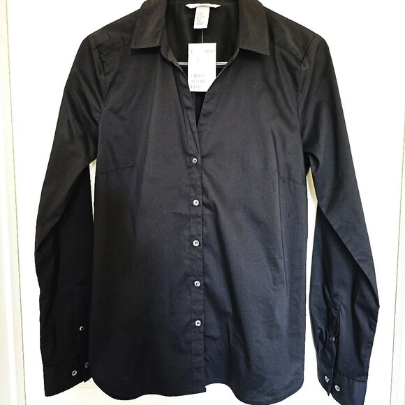 H&M Tops - H&M Women's Button Down Collared V-neck Long Sleeve Black Dress Shirt
